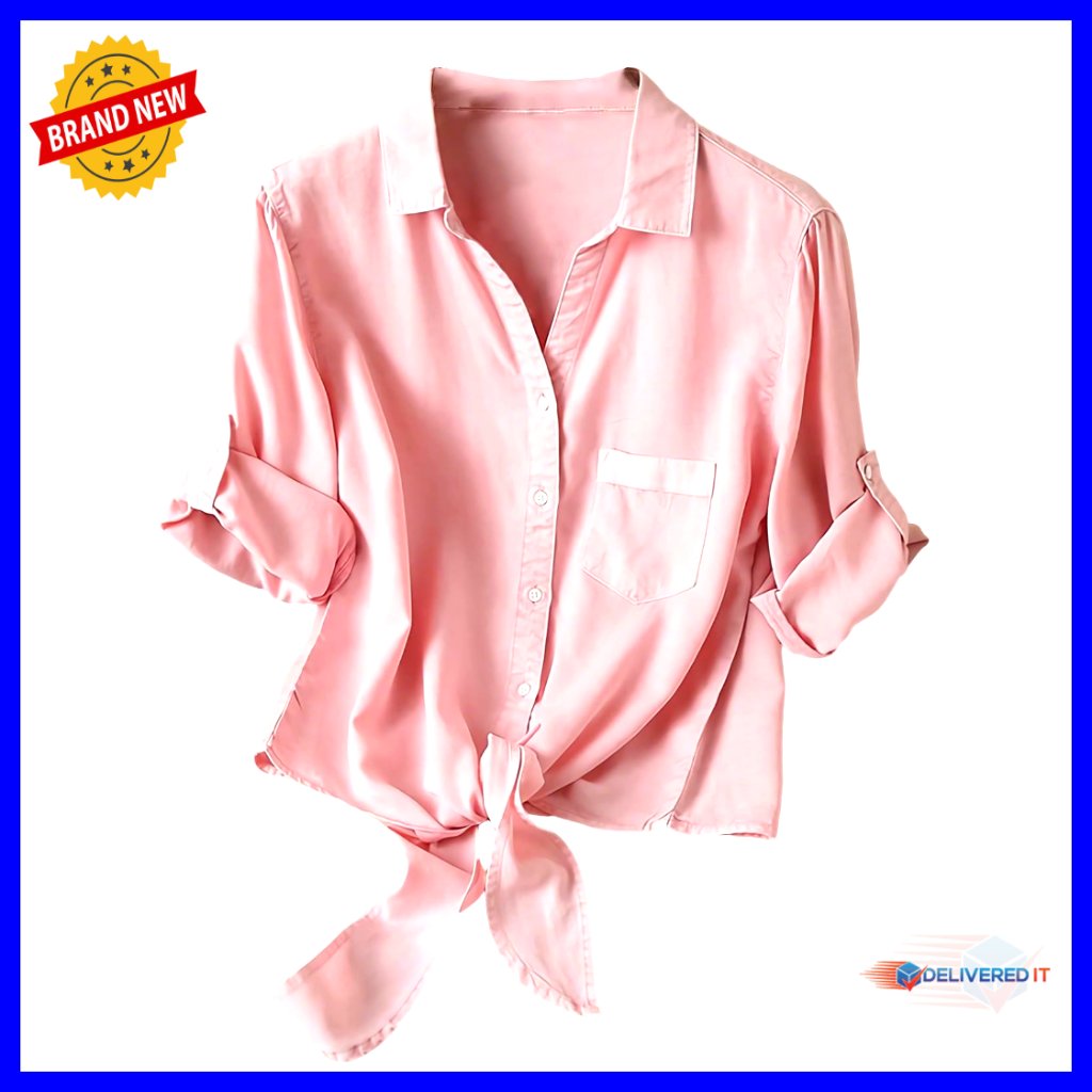 Women's Front Tie Blouse 3/4 Sleeve Button Down Shirt With Pocket